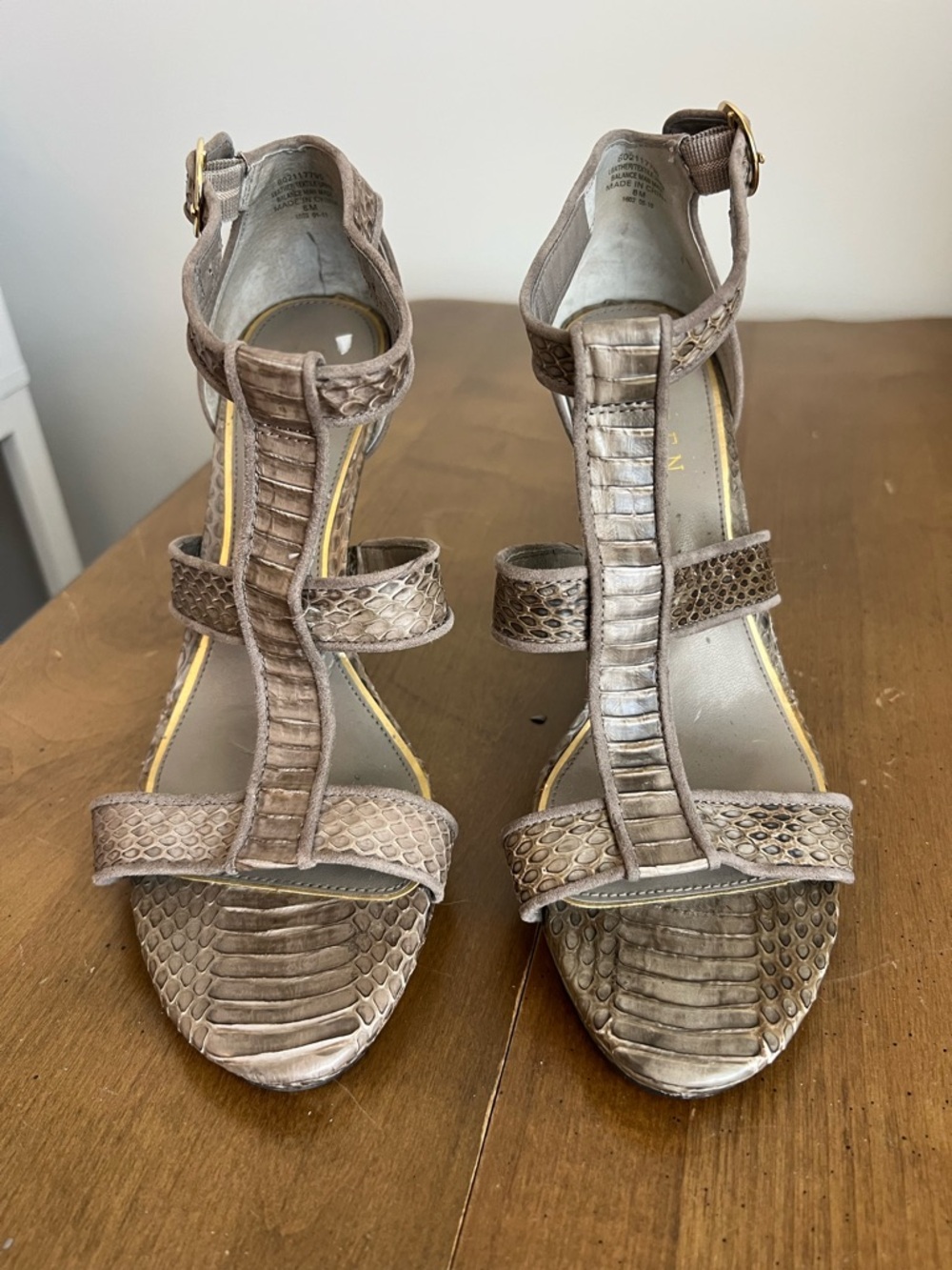 💕‎ Lauren Ralph Lauren Taupe Florine 2 Snake-Embossed T-Strap Heels Size 8